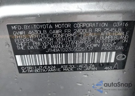 2016 Lexus Is 200T z USA, uszkodzony, nr VIN JTHBA1D23G5025137